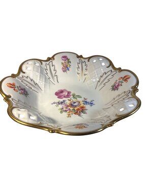 Reichenbach Bowl Footed Reticulated Round Gold Trim Floral Fine China 11" German